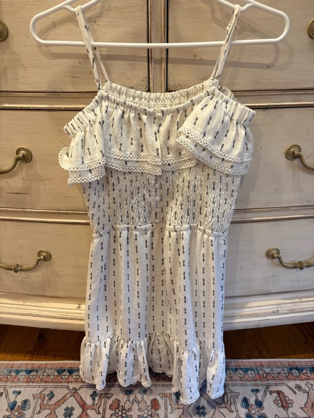 Lost + Wander off the shoulder White Smocked Ruffle Sundress